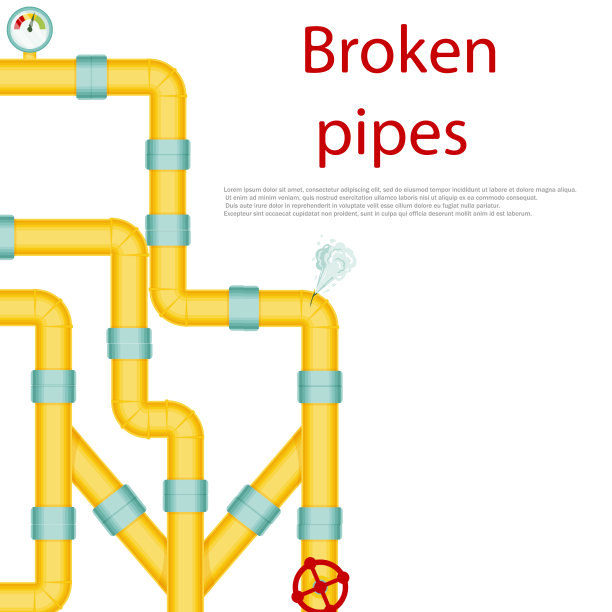 管道破裂，蒸汽或铅气体泄漏，管道破裂。水龙头滴水，供水问题，管道破裂。风插图孤立的白色背景。图片下载