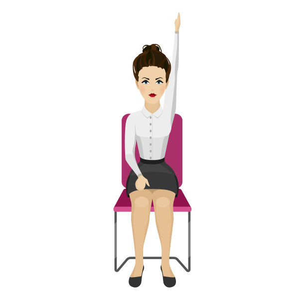 穿着职业装的漂亮女人在办公椅上做背部练习。商业女性在健康的手向上的姿势。图片下载