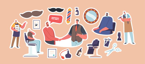 一套贴纸理发店服务。理发师剪刀，客户，八字胡，感激的顾客与理发师握手图片下载