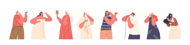 设置女性皮肤护理和美容程序。女性人物使用化妆品，滋润脸部图片下载