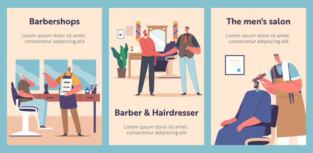 理发店服务卡通横幅。理发师为客户提供胡须造型，理发，感谢客户握手图片下载