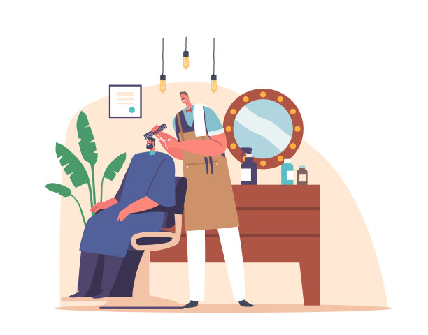 理发师在男士美容院理发店为大胡子男顾客理发。理发店室内设计图片下载