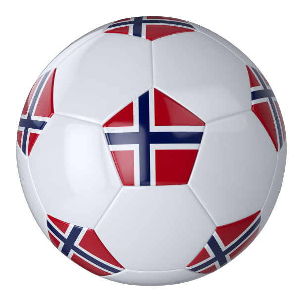 白色足球，白底挪威国旗。孤立。皮革足球。带补丁的经典球。国家的国旗。3 d演示。图片下载
