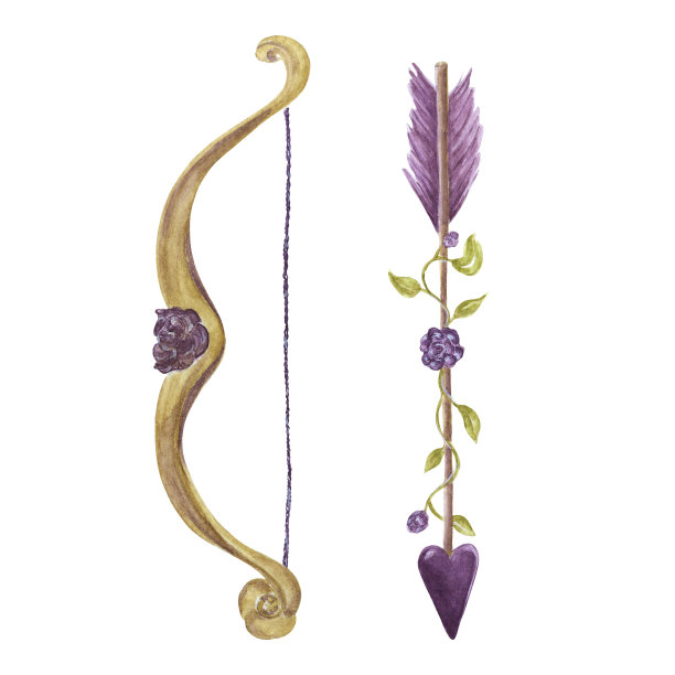 丘比特的弓箭与玫瑰和树叶装饰孤立的白色背景图片下载