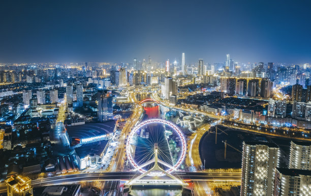 天津之眼摩天轮夜间航拍照片图片下载