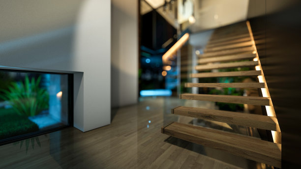 现代舒适的室内3d渲染，在夜间有客厅、餐厅、楼梯和厨房图片下载