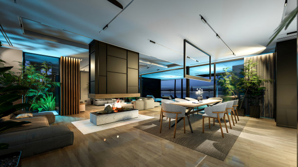 现代舒适的室内3d渲染，在夜间有客厅、餐厅、楼梯和厨房图片下载