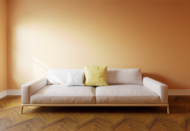 空的室内模型与沙发和墙壁。灰色沙发在室内，墙上有自由空间。三维渲染图片下载