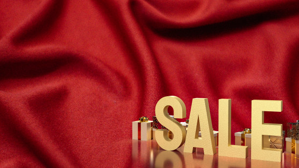 黄金销售和礼盒上的红丝营销概念3d渲染图片下载