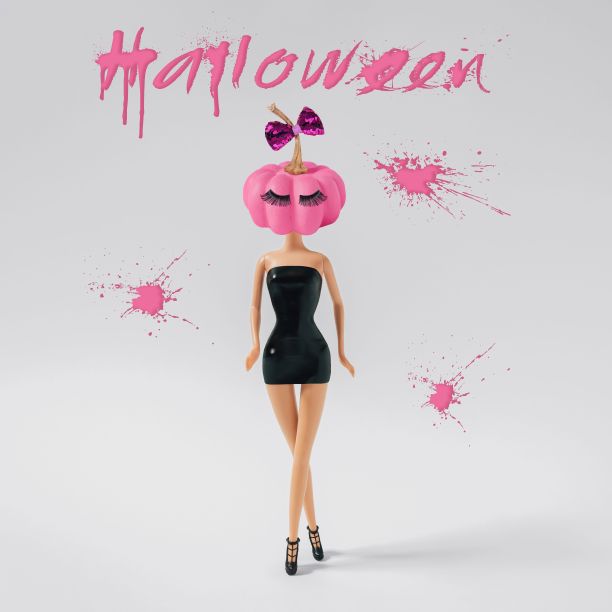 三维渲染的一个带着南瓜面具的娃娃，穿着黑色连衣裙和高跟鞋，万圣节的概念图片下载