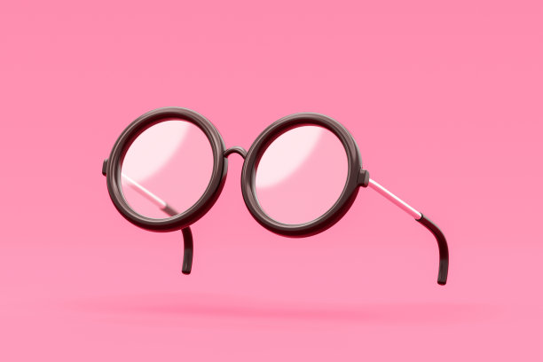 黑色3d时尚眼镜孤立在粉色潮流背景与经典复古风格的概念或太阳镜戴圆框时髦的光学镜片和学生眼镜学习学校设备。图片下载