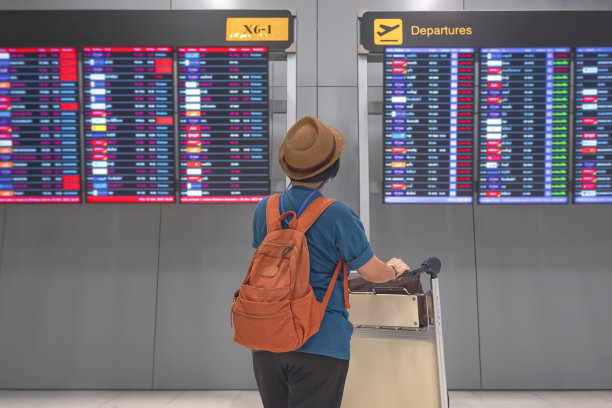背着双肩包和行李车的女游客在国际机场查看航班信息板图片下载