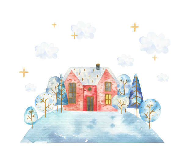 冬季景观有山、雪、丘陵、云、房屋和树木图片下载