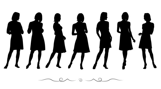 黑白相间的剪影里，一名年轻女子穿着一件短连衣裙，矢量图片下载