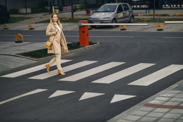 一位中年妇女正在市中心过人行横道。图片下载