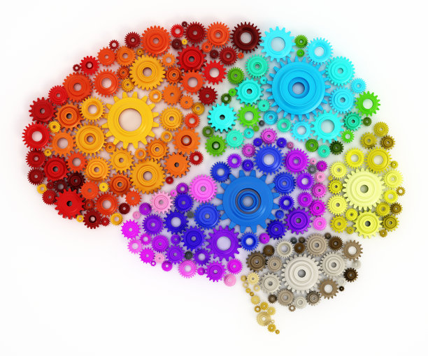 成群的彩色齿轮组成了人类大脑的一部分图片下载
