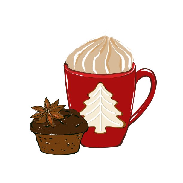 圣诞红杯咖啡，甜甜的。早上喝热饮。手绘插图孤立的白色背景。图片下载