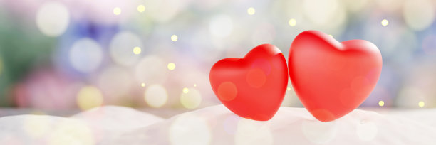 一对红色激情气球心形雪抽象背景。复制空间，横幅。三维渲染图片下载