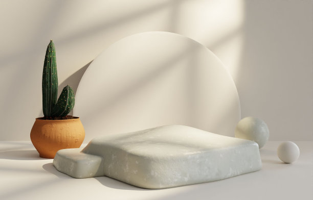 一个极简主义的大理石底座和一个小仙人掌旁边的3D渲染图片下载