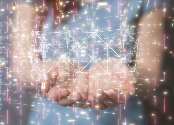 3d闪亮的神经网络光点在女性手上与模糊的女性在背景图片下载