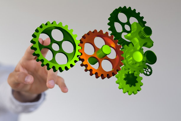 三维渲染的机制绿色齿轮盘旋在一个人的手图片下载