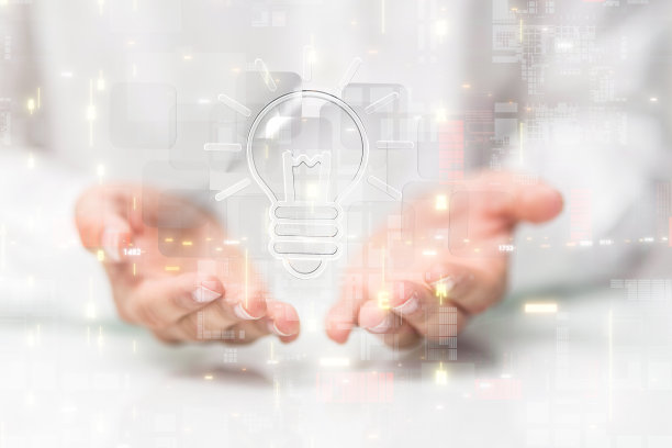 灯泡悬浮在人手上的三维渲染——神经网络和网络安全概念图片下载