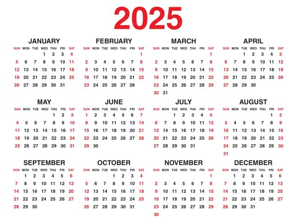 日历2025年矢量插图，一套12日历，周日开始，简单的计划模板，台历2025年，墙壁日历2025模板，印刷媒体，企业模板图片下载