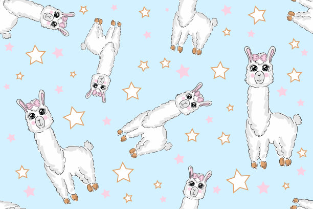 无缝模式。羊驼驼睡觉，站着跳着。天上的星星。可爱的卡通可爱可爱的微笑宝宝角色。包装纸，纺织品模板。苗圃装饰蓝色背景平坦图片下载