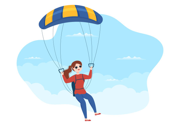 跳伞插画与跳伞者使用降落伞和跳伞户外活动在平面极限运动卡通手绘模板图片下载