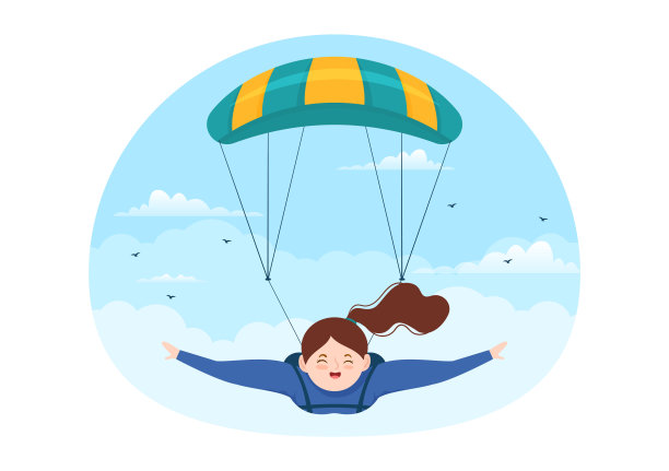 跳伞插画与跳伞者使用降落伞和跳伞户外活动在平面极限运动卡通手绘模板图片下载