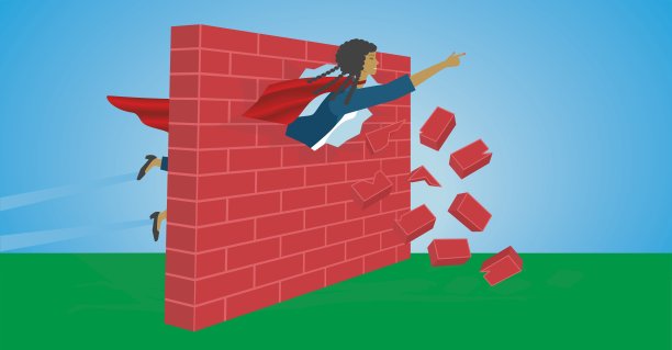 Superhero woman dont jump, she´s taken her way through the wall. Vector illustration.图片下载
