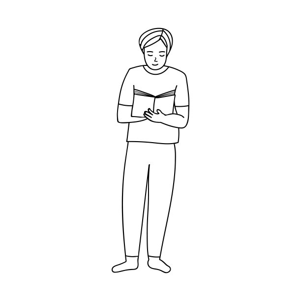 站着的人阅读书在他的手前视图涂鸦插图矢量。成年男孩站在阅读书手绘图标矢量。图片下载