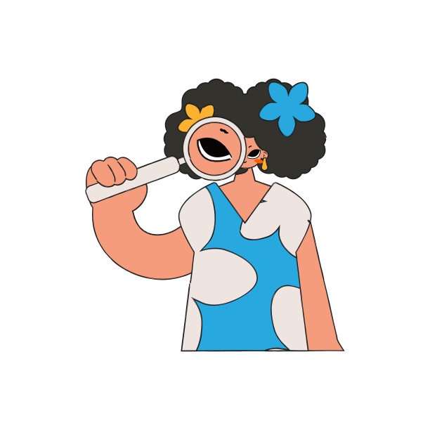 那个女人拿着放大镜。在互联网上搜索必要的信息。线性复古风格的性格。图片下载