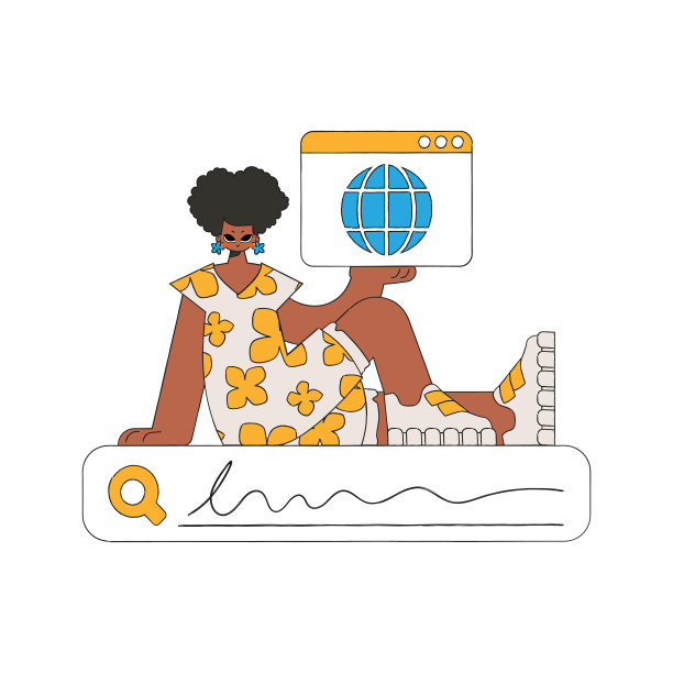 女孩坐在搜索线上，手里拿着一个浏览器。在互联网上搜索必要的信息。复古风格的人物。图片下载