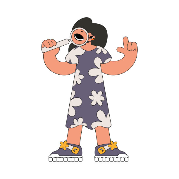 那个女孩拿着放大镜。在互联网上搜索必要的信息。线性复古风格的性格。图片下载