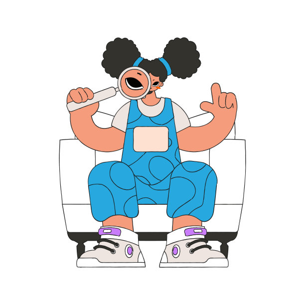 这个女孩手里拿着一个放大镜。在互联网上搜索必要的信息。线性复古风格的性格。图片下载