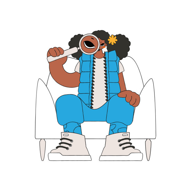 那个女孩拿着放大镜。在互联网上搜索必要的信息。线性复古风格的性格。图片下载