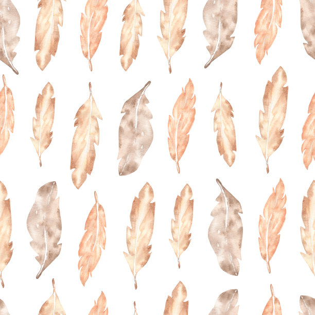 水彩波西米亚无缝模式与羽毛。水彩沙色艺术壁纸。孤立在白色上。图片下载
