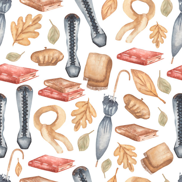 水彩时尚插画无缝图案与秋叶，雨伞，靴子，围巾，书籍，帽子。图片下载