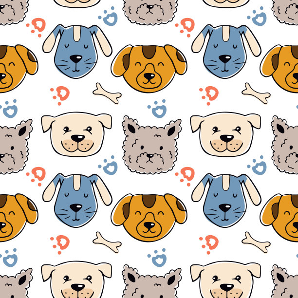 可爱的狗脸涂鸦风格。无缝模式。是否可以用于网页背景填充，表面纹理图片下载