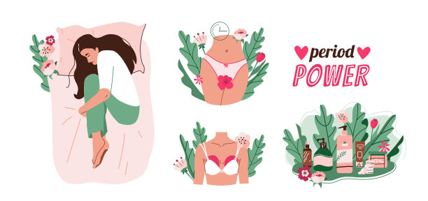 女性月经矢量插图集。女性经期卫生用品卫生棉条、卫生巾、经期杯以卡通现代简约风格呈现图片下载