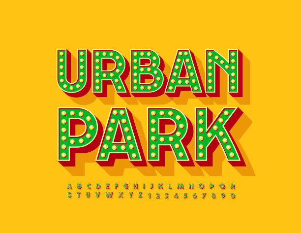 矢量潮流海报城市公园与复古风格灯泡字母和数字集图片下载