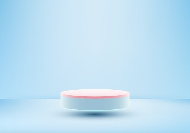 三维现实的现代最小蓝色和粉红色圆柱形讲台漂浮在空中的蓝色场景背景图片下载