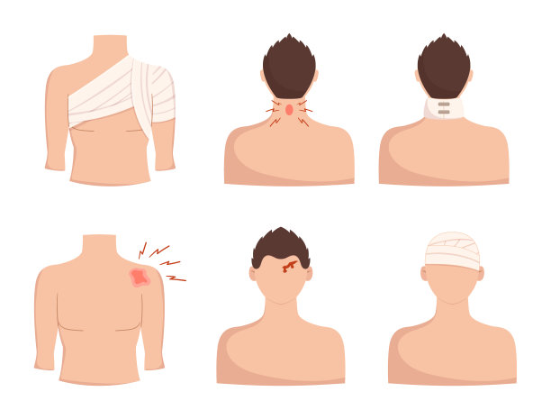 将肩部、颈部和头部的损伤与血液和绷带隔离在白色背景上。身体疼痛急救图片下载