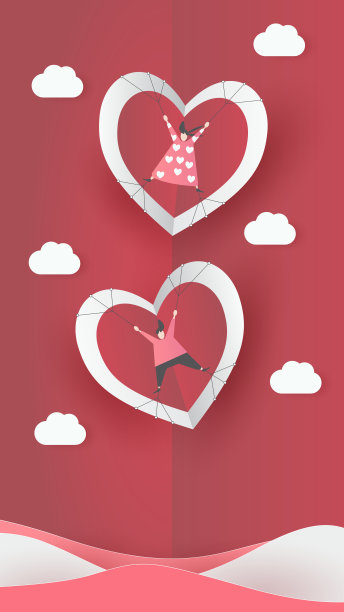 可爱的爱情纸艺术情人节。带着可爱的情人节男孩和女孩飞的心图片下载
