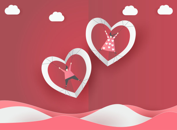 可爱的爱情纸艺术情人节。带着可爱的情人节男孩和女孩飞的心图片下载