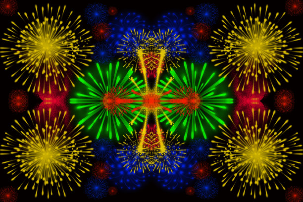 黑色背景上不同颜色的抽象烟花，黑色背景上的烟花，新年快乐图片下载