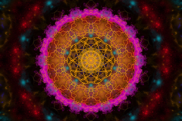 画曼荼罗宇宙从闪电不同颜色的黑色背景，宇宙宇宙。五彩曼陀罗的闪电和星星，艺术品星系图片下载