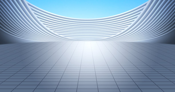 现代银色弧形建筑与地面，与明亮的天空背景。3D渲染插图。图片下载