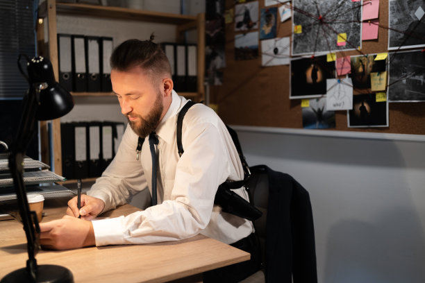 一位职业侦探晚上在办公室调查一起谋杀案。他坐在桌子旁，研究证据，在笔记本上做笔记。图片下载